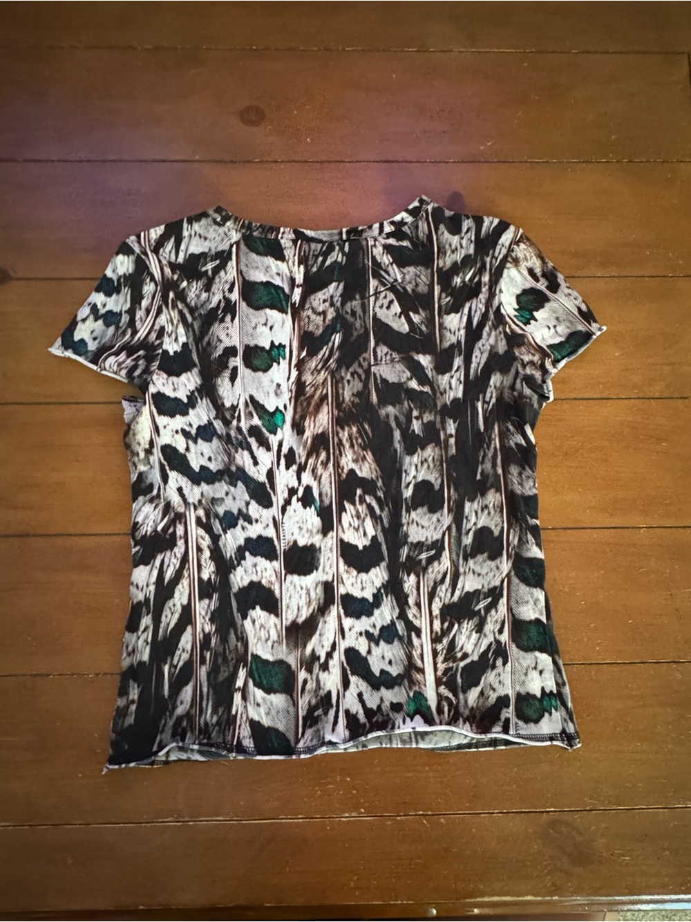 All Saints Women's Abstract Feather-Print Short Sleeve Top - Black/Green - Picture 7 of 9